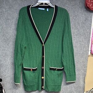 Draper James Cashmere blend Green Cardigan with Black Trim gold button sweater